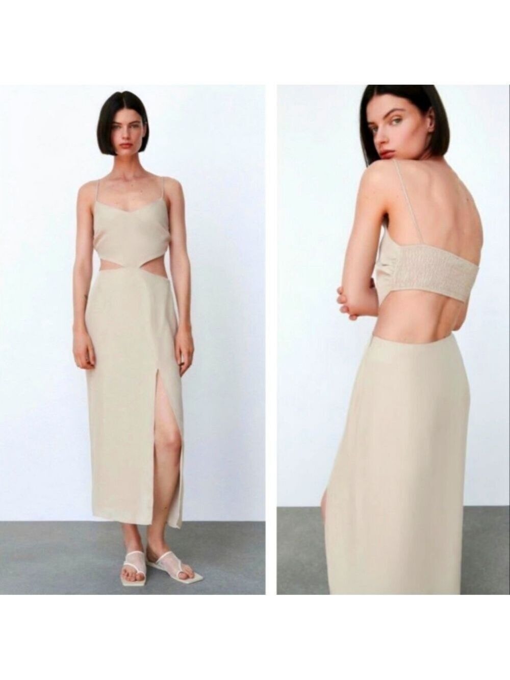 Zara Cut Out V-neck Beige Dress, Size S - Picture 3 of 15
